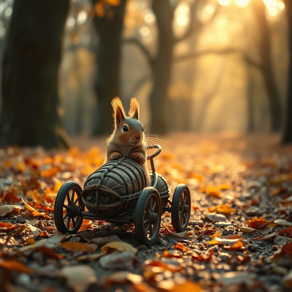 Ardilla con chaleco conduciendo coche de cáscaras de avellana en bosque