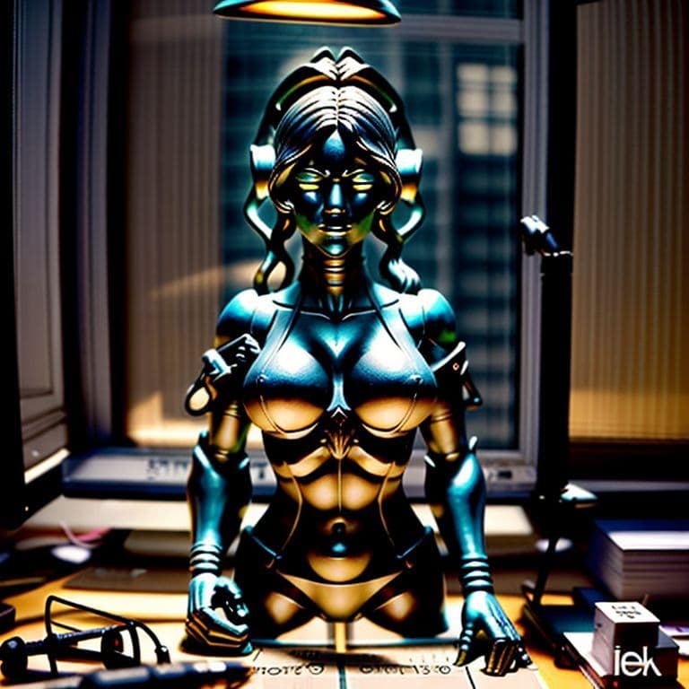 Imagen 3D generada con inteligencia artificial mostrando una figura hiperrealista en un escritorio