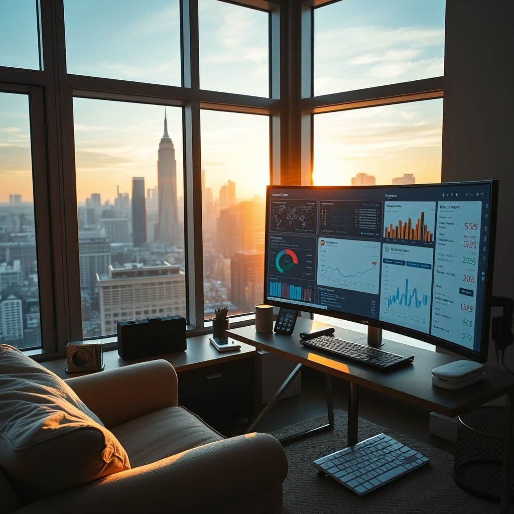 Emprendedor revisando dashboards de analytics generados por NEO IA