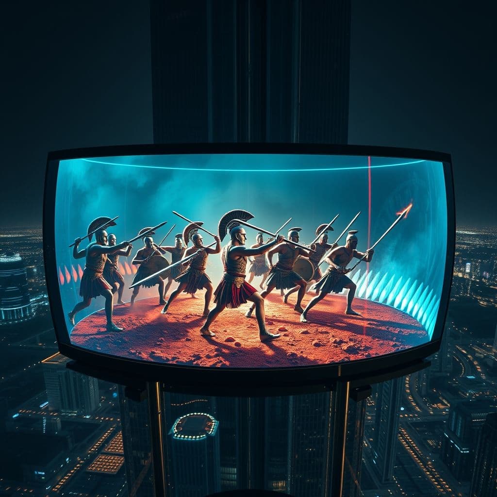 Pantalla de FocalML mostrando una película generada por IA de espartanos en estilo animado